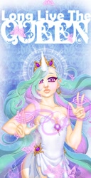 Size: 488x950 | Tagged: safe, artist:dark-cyrin, princess celestia, clothes, dress, horned humanization, humanized, magic, poster, skinny, solo