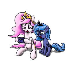 Size: 1080x1080 | Tagged: safe, artist:myminiatureequine, princess celestia, princess luna, alicorn, pony, cewestia, cute, filly, frown, game boy, game boy advance, glare, hoof hold, nintendo, open mouth, sitting, video game, wide eyes, woona, younger