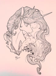 Size: 1591x2161 | Tagged: safe, artist:ogre, princess celestia, alicorn, pony, crown, female, jewelry, mare, monochrome, regalia, solo, traditional art