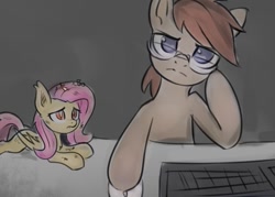 Size: 869x622 | Tagged: safe, artist:inowiseei, fluttershy, oc, bat pony, pony, bat ponified, colored pupils, computer, computer mouse, cute, dirty, ear tufts, flutterbat, frown, glare, glasses, gray background, injured, keyboard, leaning, lidded eyes, looking at you, looking up, messy mane, micro, no pupils, prone, race swap, sad, sadorable, shyabetes, simple background, trash