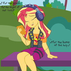 Size: 1500x1500 | Tagged: safe, artist:scraggleman, sunset shimmer, better together, equestria girls, bush, christian sunset shimmer, christianity, debate in the comments, eyes closed, headphones, lyrics, metal, phone, religious headcanon, religious music, sabaton, singing, sitting, solo, song in the description, song reference, text, the last stand, tree