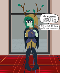 Size: 1500x1800 | Tagged: safe, artist:scraggleman, wallflower blush, better together, equestria girls, forgotten friendship, adventure time, boots, clothes, cosplay, costume, cute, dialogue, fangirl, female, huntress wizard, leaf, mask, nervous, pigeon toed, shoes, shy, solo, speech bubble, text, thigh boots, twig, wallflower and plants