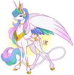 Size: 724x739 | Tagged: safe, artist:liza-lee, princess celestia, alicorn, pony, female, gradient background, harness, leonine tail, lidded eyes, long tail, looking at you, mare, peytral, regalia, simple background, smiling, solo, spread wings, tack, wings