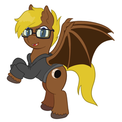 Size: 900x900 | Tagged: safe, artist:scraggleman, oc, oc only, oc:late night, bat pony, clothes, fangs, glasses, hoodie, rearing, side view, simple background, solo, white background