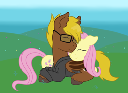 Size: 1250x910 | Tagged: safe, artist:scraggleman, fluttershy, oc, oc:late night, bat pony, pegasus, pony, clothes, cuddling, eyes closed, glasses, sweater, unshorn fetlocks