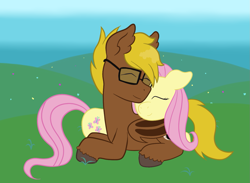 Size: 1245x910 | Tagged: safe, artist:scraggleman, fluttershy, oc, oc:late night, bat pony, pegasus, pony, cuddling, eyes closed, glasses, unshorn fetlocks