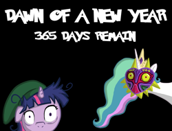 Size: 880x674 | Tagged: safe, artist:eternal-equilibrium, princess celestia, twilight sparkle, alicorn, pony, 2013, black background, happy new year, holiday, image macro, new year, simple background, the legend of zelda, the legend of zelda: majora's mask, twilight snapple