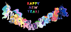 Size: 1432x644 | Tagged: safe, applejack, big macintosh, fluttershy, pinkie pie, princess celestia, princess luna, rainbow dash, rarity, spike, trixie, twilight sparkle, zecora, alicorn, dragon, earth pony, pegasus, pony, unicorn, zebra, 2013, male, stallion