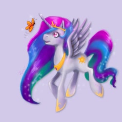 Size: 600x600 | Tagged: safe, artist:rebekahbyland, princess celestia, alicorn, butterfly, pony, female, horn, mare, multicolored mane, solo, white coat, younger