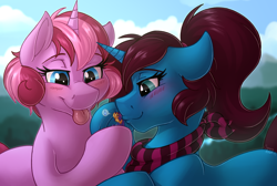 Size: 4000x2682 | Tagged: safe, artist:sugaryviolet, oc, oc only, oc:altus bastion, oc:star bright, oc:sugary violet, pony, unicorn, blushing, clothes, giant pony, lucky, macro, ponytail, puckered lips, scarf, size difference, tongue out