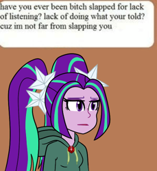 Size: 500x546 | Tagged: safe, artist:scraggleman, aria blaze, equestria girls, rainbow rocks, clothes, hoodie, reaction image, simple background, solo, tails gets trolled, vulgar