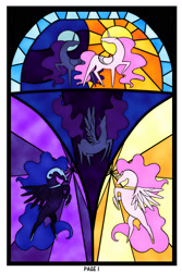 Size: 1024x1536 | Tagged: safe, artist:avalanche-design, nightmare moon, princess celestia, princess luna, alicorn, pony, comic, minimalist, window