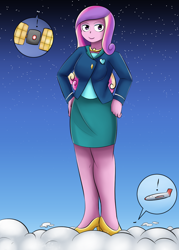 Size: 940x1310 | Tagged: safe, artist:dinobirdofdoom, dean cadance, princess cadance, equestria girls, atmosphere, clothes, commission, female, giantess, high heels, macro, plane, satellite, shoes, skirt, solo, space