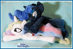 Size: 918x618 | Tagged: safe, artist:sailorminimuffin, princess celestia, princess luna, glomp, irl, photo, plushie