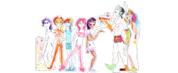 Size: 1285x527 | Tagged: safe, artist:tunipeace, applejack, discord, fluttershy, pinkie pie, princess celestia, rainbow dash, rarity, twilight sparkle, keep calm and flutter on, humanized, mane six, skinny