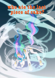 Size: 2480x3508 | Tagged: safe, artist:lalindaaa, princess celestia, alicorn, pony, badass, cake, cakelestia, dialogue, epic, food, glowing eyes, magic, text, this will end in pain