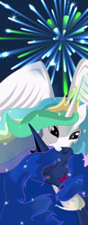 Size: 900x2295 | Tagged: safe, artist:bednarowski, princess celestia, princess luna, alicorn, pony, ear bite, fireworks