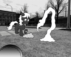 Size: 1280x1024 | Tagged: safe, artist:scraggleman, oc, oc only, oc:cipher, earth pony, pony, story:lost and found, bandage, blank flank, confused, monochrome, monster, story included