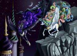 Size: 2201x1603 | Tagged: safe, artist:ultraspacemobile, nightmare moon, princess celestia, alicorn, pony, canterlot, fight