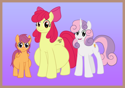 Size: 1092x770 | Tagged: safe, artist:catross, derpibooru exclusive, apple bloom, scootaloo, sweetie belle, earth pony, pegasus, pony, unicorn, alternate cutie mark, alternate cutie mark crusaders, anatomically incorrect, belly, big belly, cutie mark crusaders, female, height difference, impossibly large belly, mare, older, pregnant, pregnant scootaloo