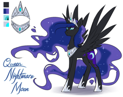 Size: 950x750 | Tagged: safe, artist:cosmalumi, nightmare moon, alicorn, pony, crown, ethereal mane, female, hoof shoes, jewelry, mare, peytral, queen, reference sheet, regalia, simple background, solo, spread wings, starry mane, tumblr:ask queen moon, white background, wings