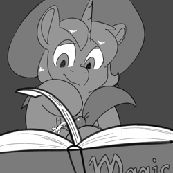 Size: 700x700 | Tagged: safe, artist:goat train, oc, oc:snap feather, oc:star bright, pony, unicorn, big gay, black and white, book, gay, giant pony, grayscale, hat, looming, macro, macro/micro, magic book, male, micro, monochrome, stallion, struggling, sweat, wizard, wizard hat, wizard robe