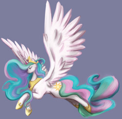 Size: 1572x1536 | Tagged: safe, artist:eclipseowl, princess celestia, alicorn, pony, female, flying, horn, mare, multicolored mane, solo, white coat