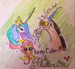 Size: 640x587 | Tagged: safe, artist:mafia-boss, discord, fluttershy, princess celestia, alicorn, pegasus, pony, keep calm and flutter on