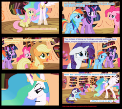 Size: 1486x1330 | Tagged: safe, edit, edited screencap, screencap, applejack, fluttershy, pinkie pie, princess celestia, rainbow dash, rarity, twilight sparkle, alicorn, earth pony, pegasus, pony, unicorn, lesson zero, alternate scenario, comic, golden oaks library, mane six, screencap comic, vulgar