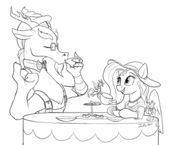 Size: 2000x1689 | Tagged: safe, artist:tsitra360, discord, fluttershy, draconequus, pegasus, pony, butler, clothes, dress, dressup, food, hat, lineart, micro, sipping, sketch, sun hat, suspenders, tea, tea party