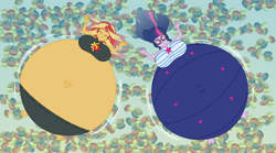 Size: 3600x2000 | Tagged: safe, alternate version, artist:mintydrop2013, sci-twi, sunset shimmer, twilight sparkle, better together, equestria girls, belly, belly button, belly expansion, big breasts, breast expansion, breasts, clothes, cute, eyes closed, floating, glasses, growth, huge belly, huge breasts, impossibly large belly, inflation, lake, large belly, outie belly button, relaxed, rock, round, smiling, stone, swimsuit, water