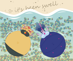 Size: 3600x3000 | Tagged: safe, artist:mintydrop2013, sci-twi, sunset shimmer, twilight sparkle, better together, equestria girls, beach, belly, belly button, belly expansion, big breasts, breast expansion, breasts, clothes, cute, eyes closed, floating, growth, huge belly, huge breasts, impossibly large belly, inflation, lake, large belly, relaxed, rock, round, sand, shell, smiling, stone, story in the source, swimsuit, water, wave, writing