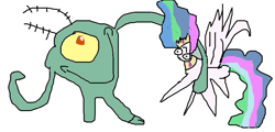 Size: 843x405 | Tagged: safe, artist:ilikepronyz, princess celestia, alicorn, pony, crossover, ms paint, sheldon j. plankton, spongebob squarepants, stylistic suck, wtf