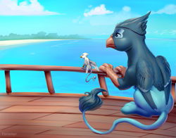 Size: 1571x1234 | Tagged: safe, artist:viwrastupr, oc, oc only, oc:der, oc:lovebird mccaw, griffon, beach, duo, eyepatch, male, micro, ship, water