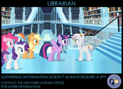 Size: 872x630 | Tagged: safe, edit, edited screencap, screencap, amethyst maresbury, applejack, pinkie pie, princess celestia, princess luna, rainbow dash, rarity, twilight sparkle, unicorn twilight, alicorn, crystal pony, earth pony, pegasus, pony, unicorn, the crystal empire, agate, canterlot intelligence agency, cia, cutie mark, female, librarian, library, mare, poster