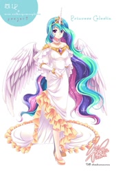 Size: 800x1181 | Tagged: safe, artist:sakuranoruu, princess celestia, human, bracelet, clothes, dress, fingerless elbow gloves, high heels, horned humanization, humanized, necklace, pretty, ruff (clothing), skinny, solo, tailed humanization, winged humanization