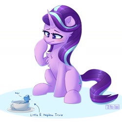 Size: 1645x1643 | Tagged: safe, artist:puetsua, starlight glimmer, trixie, pony, unicorn, chest fluff, concerned, cup, cute, duo, ear fluff, female, micro, smol, sweat, sweatdrop, teacup