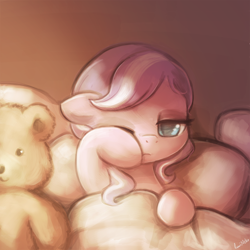 Size: 750x750 | Tagged: safe, artist:lumineko, diamond tiara, earth pony, pony, bed, cute, diamondbetes, female, filly, lumineko is trying to murder us, missing accessory, morning ponies, solo, teddy bear, tired