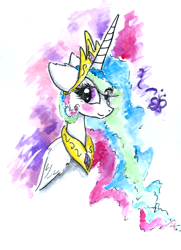 Size: 1050x1447 | Tagged: safe, artist:smartmeggie, princess celestia, alicorn, pony, female, horn, mare, multicolored mane, solo, traditional art, white coat