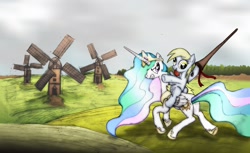 Size: 2000x1225 | Tagged: safe, artist:dcpip, derpy hooves, princess celestia, alicorn, pegasus, pony, don quixote, female, lance, mare, miguel de cervantes, parody, ponies riding ponies, riding, windmill