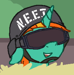 Size: 693x699 | Tagged: safe, artist:firecracker, firecracker burst, pony, unicorn, cute, female, goggles, hay, helmet, mare, neet, smiling