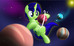 Size: 5672x3518 | Tagged: safe, artist:jhayarr23, oc, oc only, oc:crimson fall, oc:kosmos, pegasus, pony, unicorn, giant pony, giant unicorn, macro, male, planet, pony bigger than a planet, smiling, stallion, tangible heavenly object