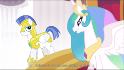 Size: 1360x768 | Tagged: safe, screencap, princess celestia, alicorn, pony, the crystal empire, royal guard, youtube caption