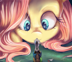 Size: 1500x1300 | Tagged: safe, artist:blulimipop, discord, fluttershy, draconequus, pegasus, pony, cute, female, full face view, heart eyes, looking at each other, looking down, macro, male, mare, micro, shyabetes, smiling, wingding eyes