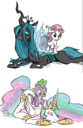 Size: 666x1021 | Tagged: safe, artist:herny, princess celestia, queen chrysalis, spike, sweetie belle, alicorn, changeling, changeling queen, dragon, pony, unicorn, back scratching, cutie mark, eyes closed, fangs, female, horn, jewelry, male, massage, regalia, smiling, wings