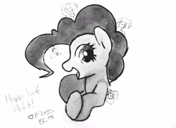 Size: 4034x2940 | Tagged: safe, artist:masserey, pinkie pie, earth pony, pony, clones, dialogue, female, mare, micro, monochrome, open mouth, smiling