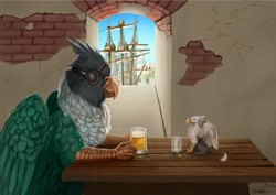 Size: 1280x905 | Tagged: safe, artist:rhaenjarr, oc, oc only, oc:der, oc:lovebird mccaw, griffon, alcohol, brick wall, drinking, duo, eyepatch, male, micro, ship, table