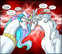 Size: 888x780 | Tagged: safe, artist:alexspastic, princess celestia, alicorn, pony, unicorn, amalthea, argument, crossover, face to face, female, lady amalthea, mare, the last unicorn, vulgar