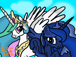 Size: 1600x1200 | Tagged: safe, artist:chalkluke4, princess celestia, princess luna, alicorn, pony, crown, female, horn, mare, siblings, sisters