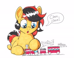 Size: 4669x3638 | Tagged: safe, artist:goat train, oc, oc only, oc:southern belle, pony, giant pony, macro, marker drawing, playing, traditional art, train